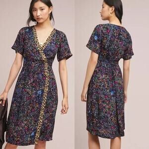 Anthropologie Maeve Cheetah Floral Multi Purple‎ Dress Knee Length Womens Size 0